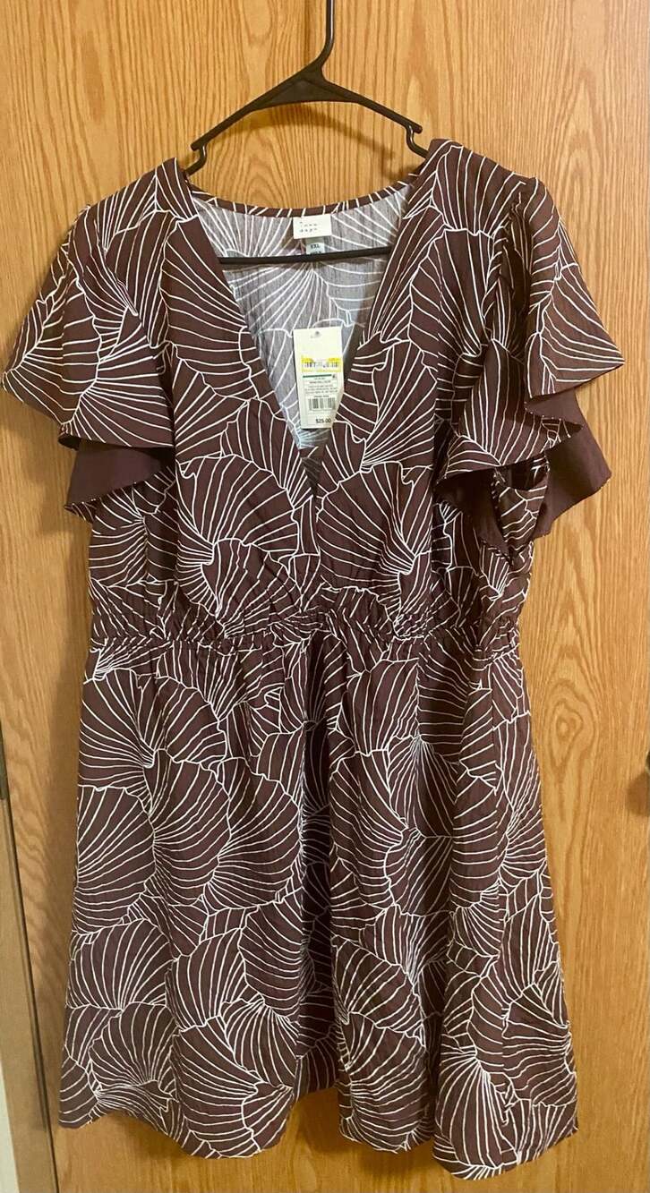 A New Day Brown Shell Print Ruffle Sleeve Smocked Midi Dress XXL